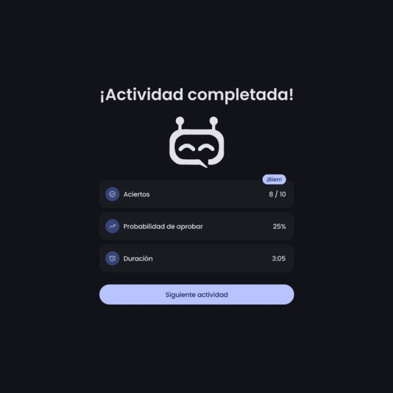 Pantalla de actividad completada con aciertos, duración y la nueva probabilidad de aprobado